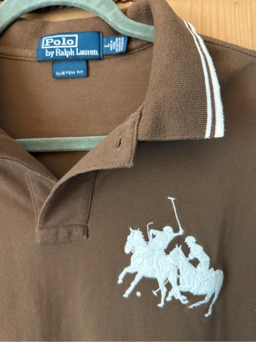 Ralph Lauren Brown Polo with White Logo & Collar Stripes